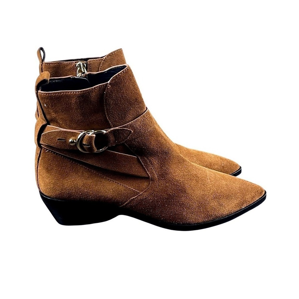 Rebecca Minkoff Suede Ankle Boots Women 8.5M Brown Good Western Buckle Pointed - Picture 3 of 15